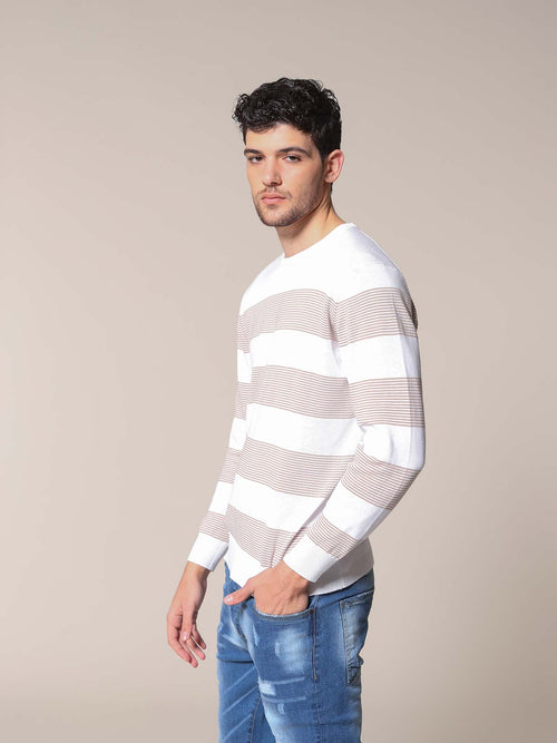 Maglia girocollo bande e righe|Colore:Bianco