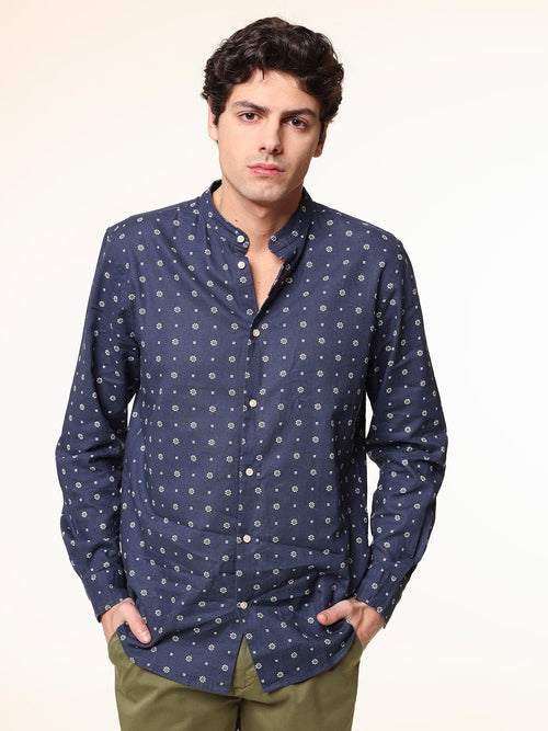 Camicia lino-cotone collo coreana|Colore:Blu