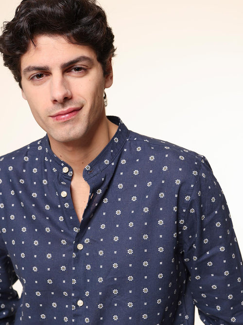 Camicia lino-cotone collo coreana|Colore:Blu