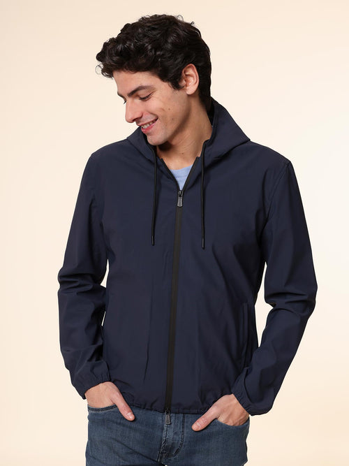 Giubbotto bomber in tessuto tecnico con cappuccio|Colore:Blu
