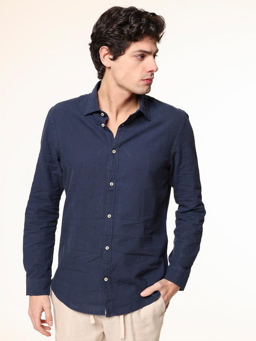 Camicia in lino collo francese|Colore:Blu