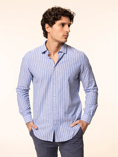 Camicia rigata tessuto lino cotone|Colore:Celeste rigato