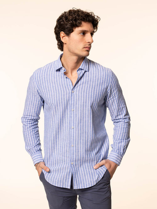 Camicia rigata tessuto lino cotone|Colore:Celeste rigato
