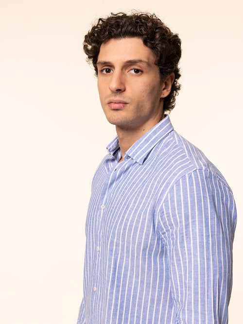 Camicia rigata tessuto lino cotone|Colore:Celeste rigato