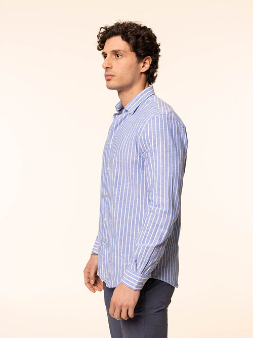 Camicia rigata tessuto lino cotone|Colore:Celeste rigato