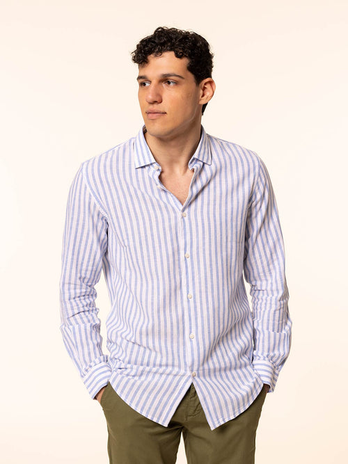 Camicia rigata tessuto lino cotone|Colore:Celeste