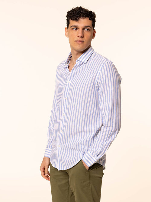 Camicia rigata tessuto lino cotone|Colore:Celeste