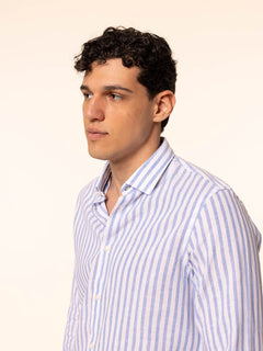 Camicia rigata tessuto lino cotone|Colore:Celeste