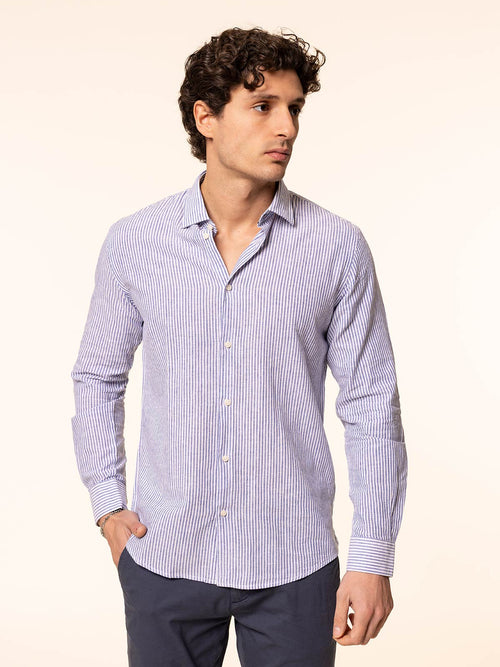 Camicia rigata tessuto lino cotone|Colore:Celeste scuro