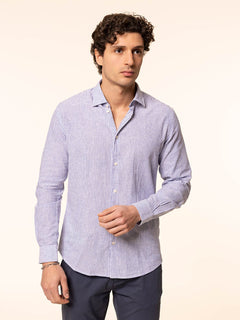 Camicia rigata tessuto lino cotone|Colore:Celeste scuro