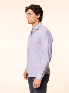 Camicia rigata tessuto lino cotone|Colore:Celeste scuro