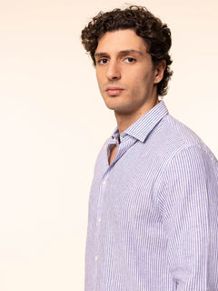 Camicia rigata tessuto lino cotone|Colore:Celeste scuro
