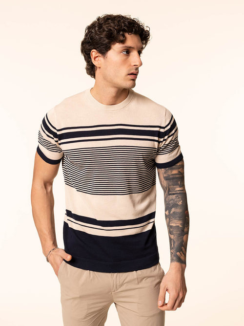 T-Shirt maglia girocollo righe orizzontali|Colore:Blu