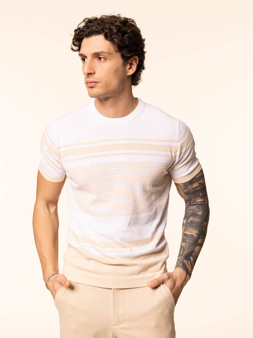 T-Shirt maglia girocollo righe orizzontali|Colore:Sabbia
