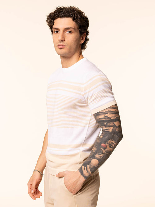 T-Shirt maglia girocollo righe orizzontali|Colore:Sabbia