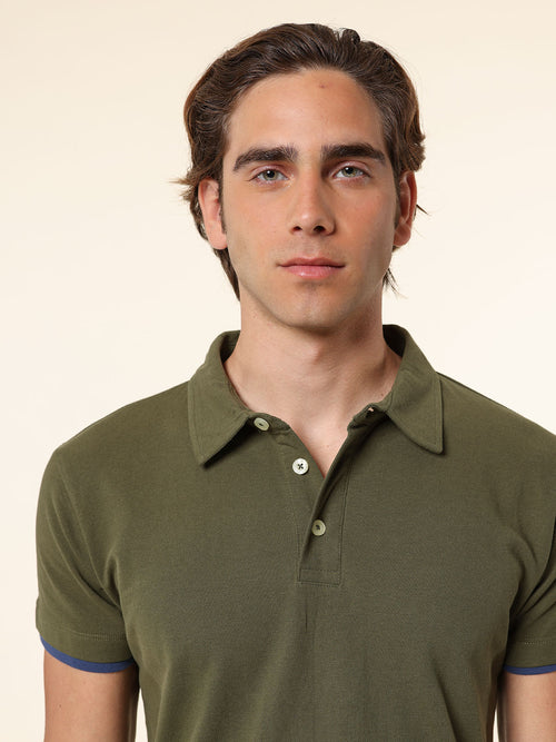 Polo Piquet bordi contrasto|Colore:Verde militare
