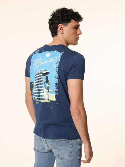 T-Shirt cotone fiammato con stampa|Colore:Blu