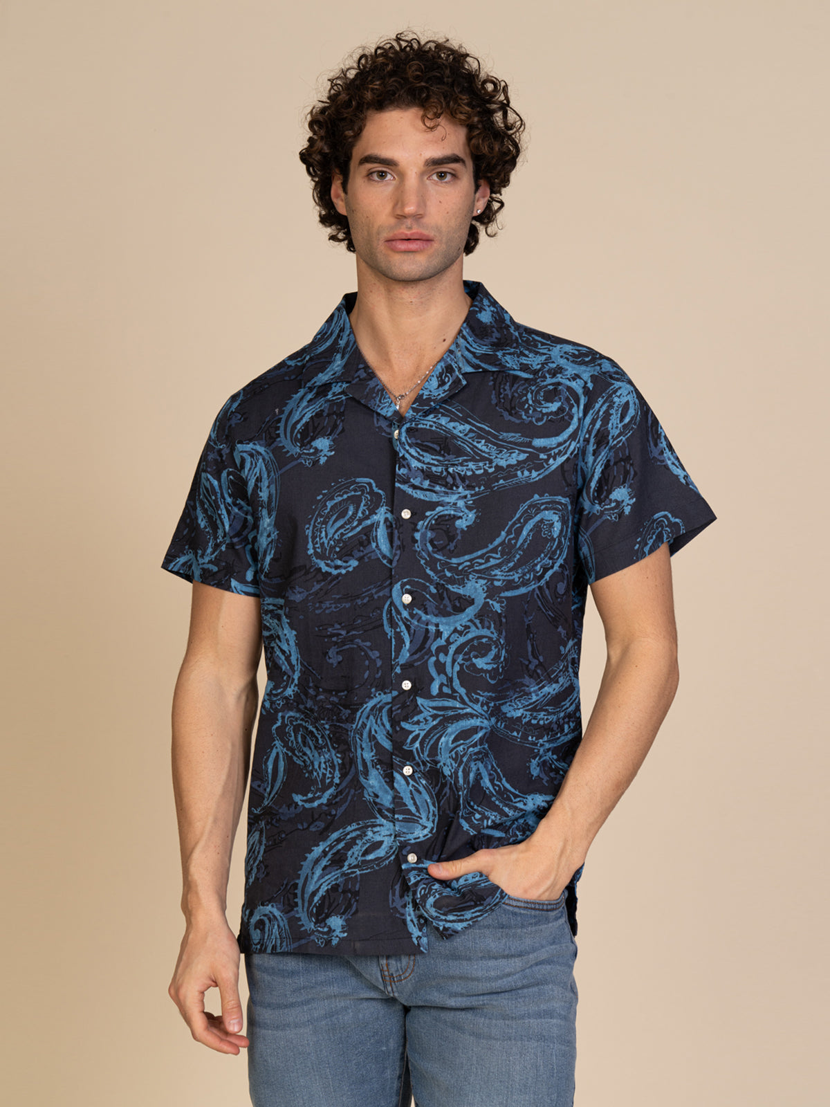 Camicia mezza manica fantasia|Colore:Blu