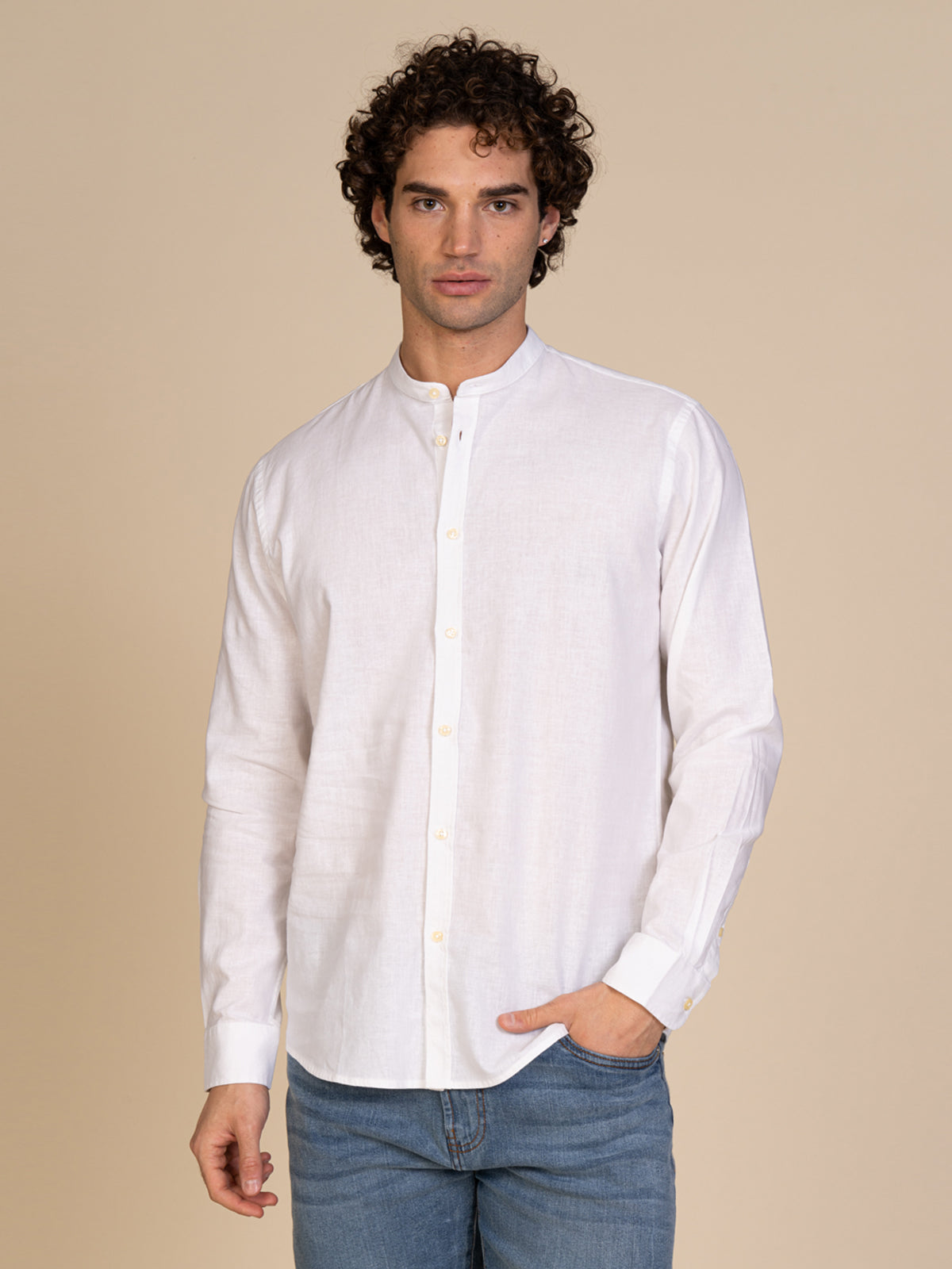 Camicia in lino collo coreana|Colore:Bianco