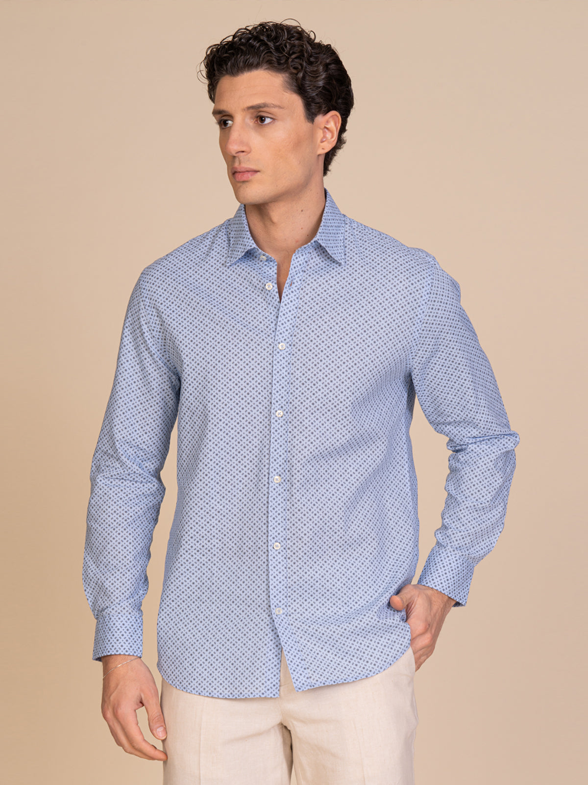 Camicia fantasia misto lino|Colore:Azzurro