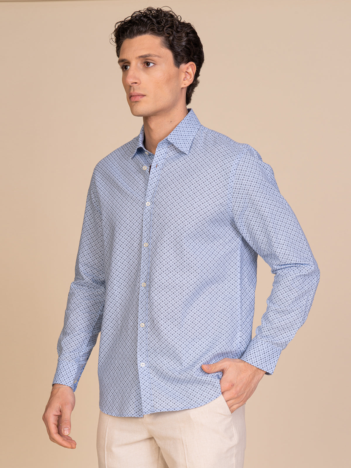 Camicia fantasia misto lino|Colore:Azzurro