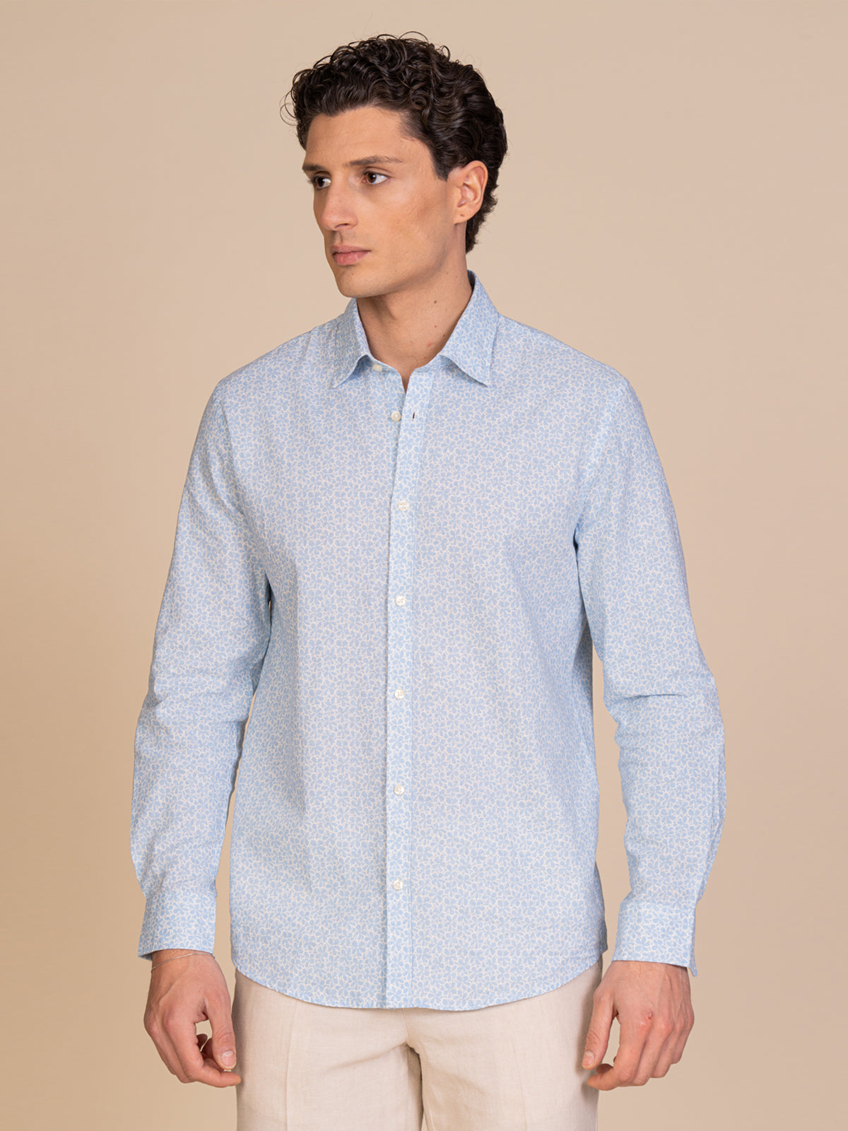 Camicia fantasia misto lino|Colore:Celeste